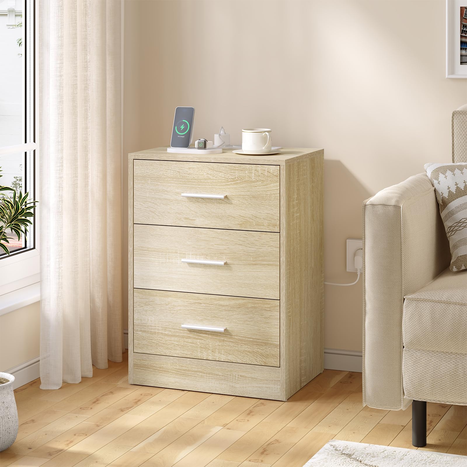 WOLTU Set di 2 Comodini, Comodini con Stazione di Ricarica, con 3 Cassetti, Rovere Chiaro, per Soggiorno Camera da Letto Studio, 39x28.5x54.5cm