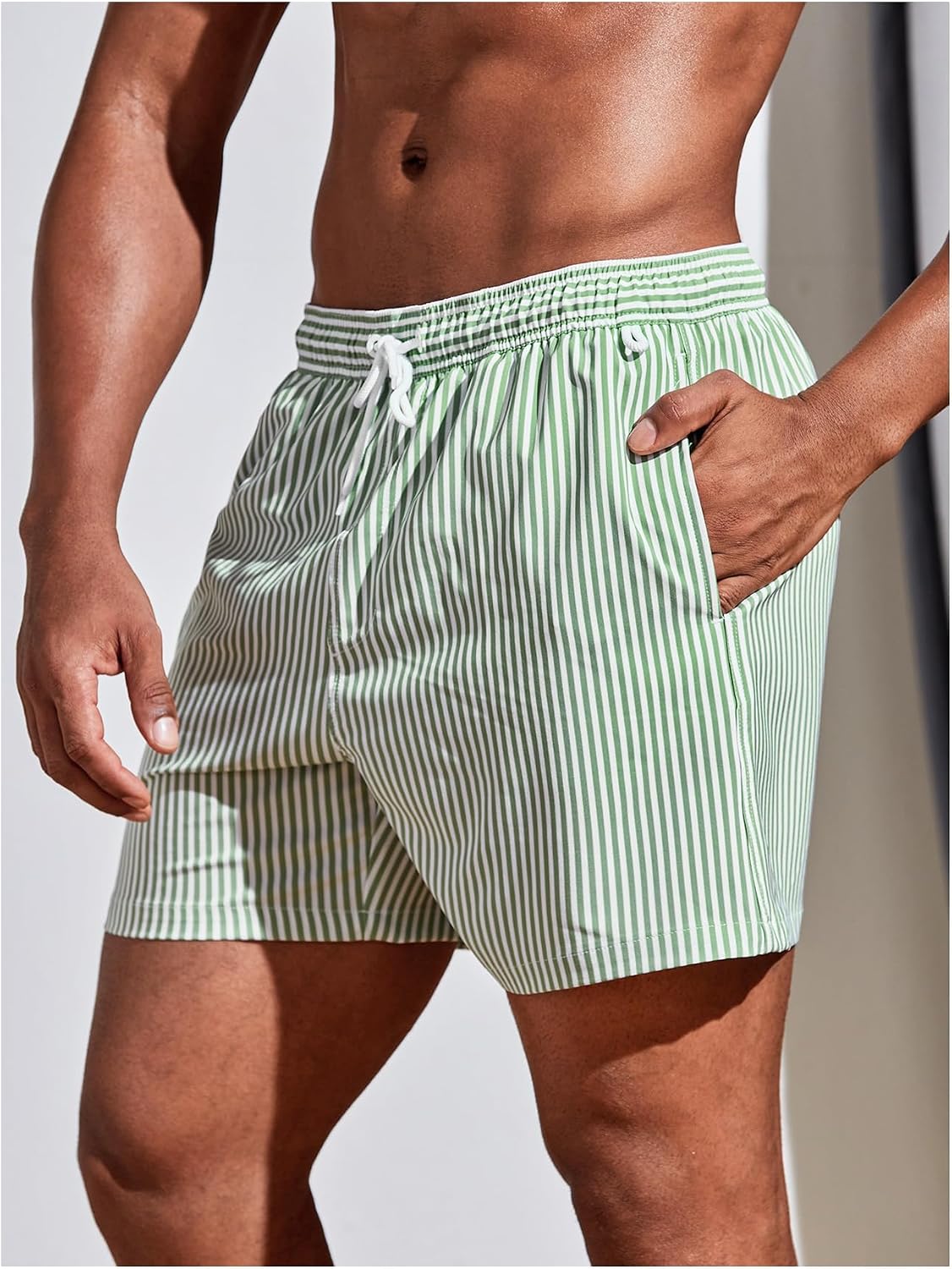 Floerns Men's Striped Swim Trunks Drawstring Waist Board Shorts Beach Shorts with Pockets