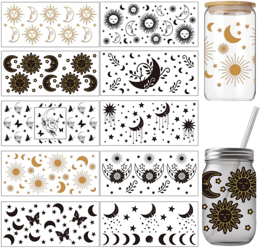 arricraft 10 Sheets UV DTF Cup Wraps for 16 OZ Glass Cups, 10 Styles Sun Moon Plants Butterflies Stars Rub on Transfers PVC Transfer Stickers Waterproof Rub Decals for DIY Your Holiday Presents
