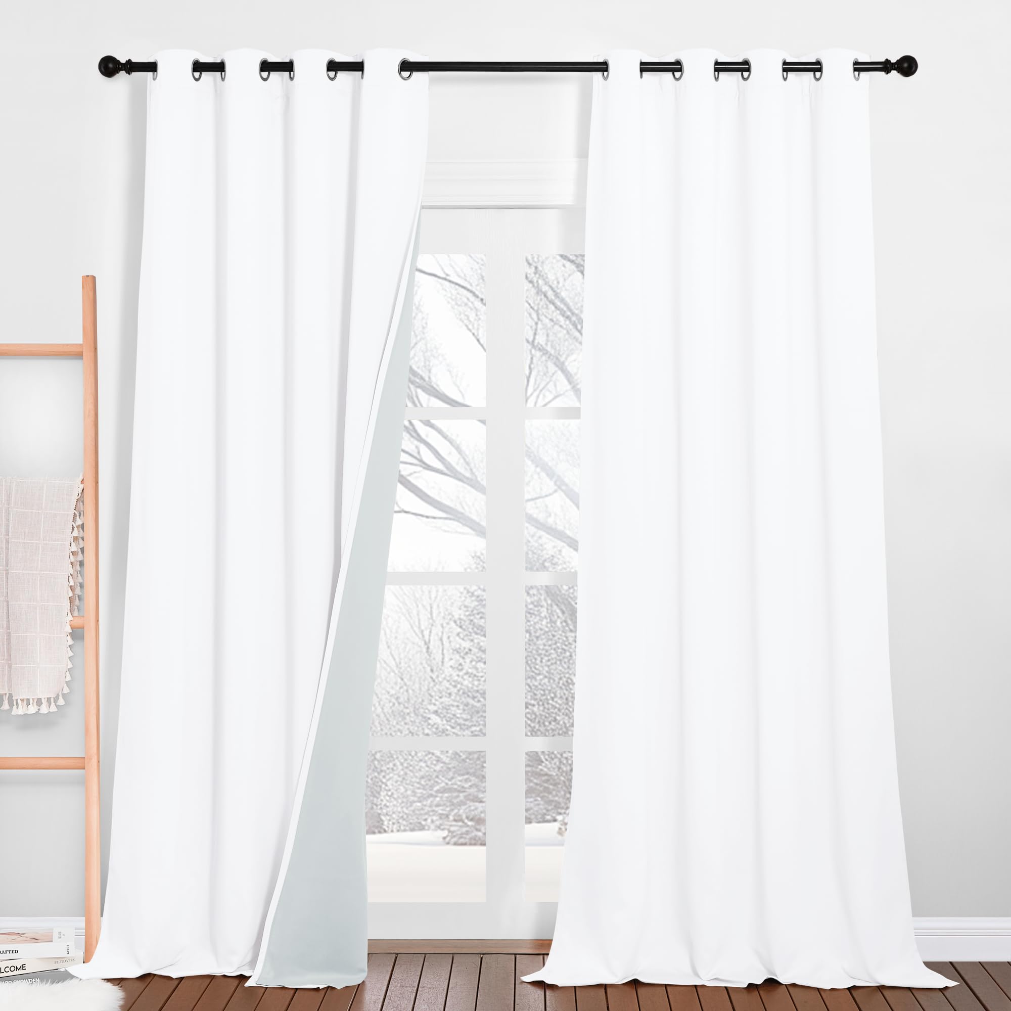 PONY DANCE Cortinas Salon Modernas 2 Piezas Cortinas Acusticas con Ojales Cortinas de Tres Capa Cortinas 100% Opacas Termicas Aislantes Frio y Calor, 132x260 CM, Blanco