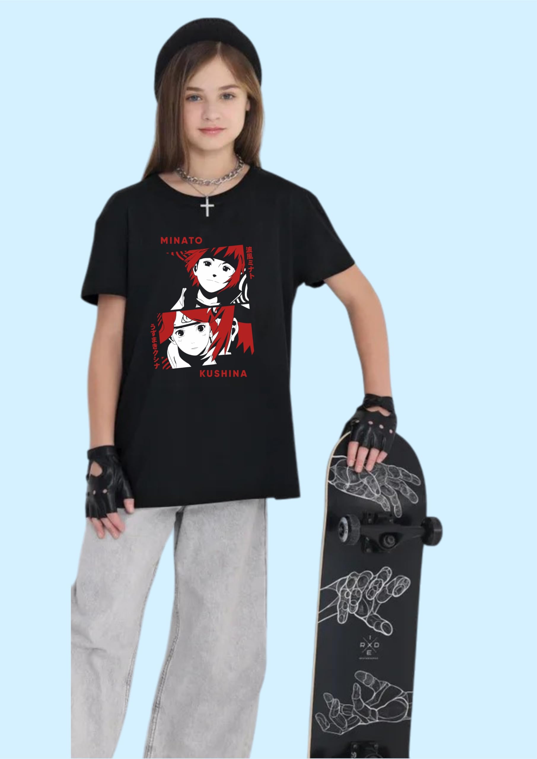 Uniplanet Store Camiseta negra de mezcla de algodón, media manga, ajuste regular, espalda anime, estampado Minato, color negro, negro, 7-8 a�os