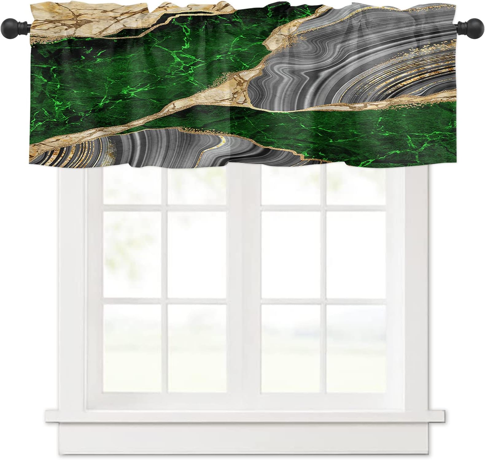 Valances for Windows Abstract Emerald Green Grey Gold Marble Short Valance Curtains Rod Pocket Window Curtains for Living Room Bedroom Kitchen Farmhouse Window Treatment Home Decor 54x18 Inch