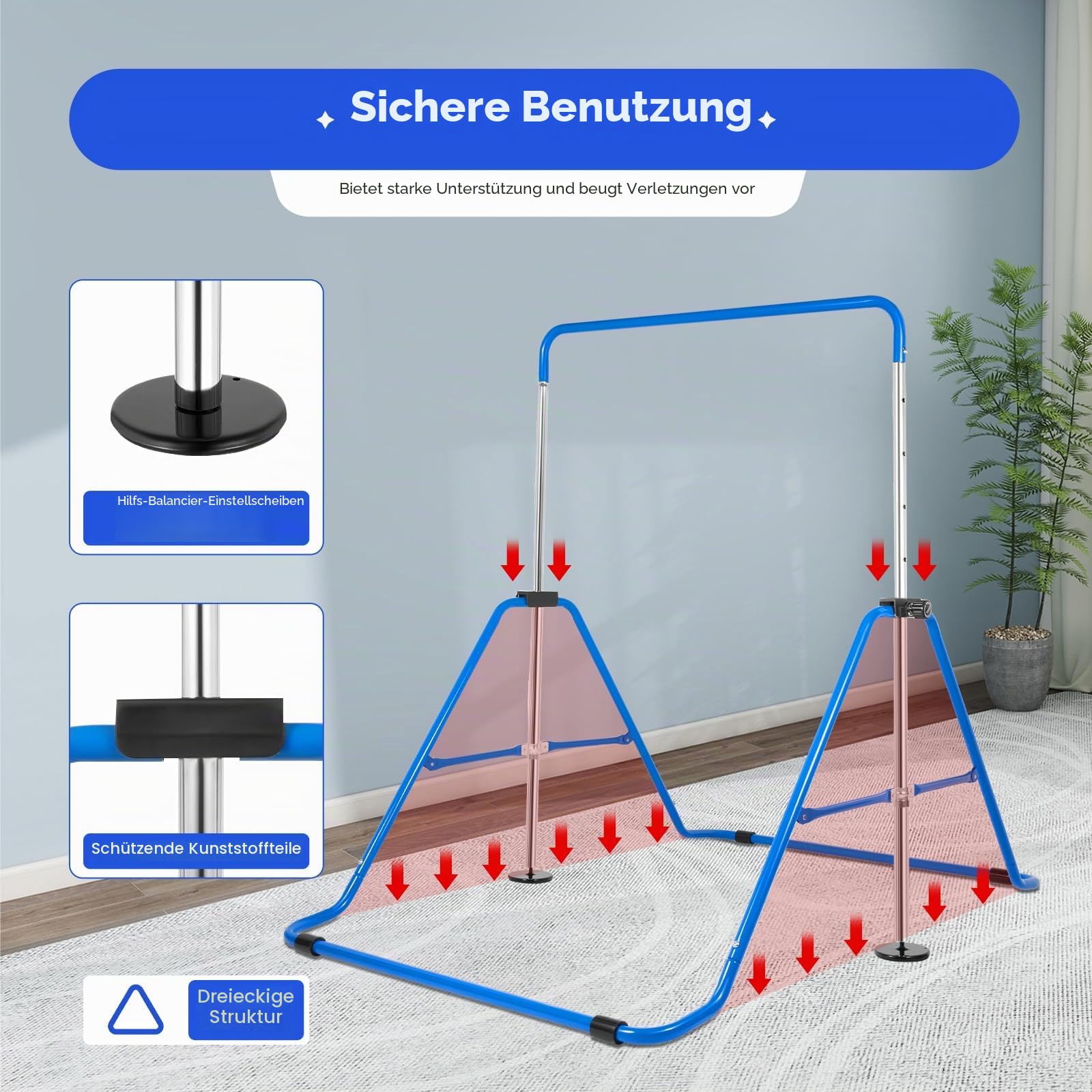 Faltbarer Gymnastikstange, Robuste Turnstange Reckstange Indoor mit 5 Höhenverstellbar, Trainingsgerät bis 150 kg, Kinder Turnreck Gymnastik Reck für Indoor-Training, Blau