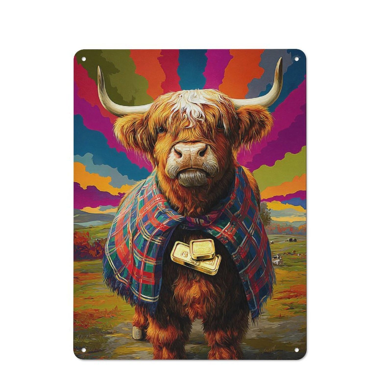 Rustic Scottish Highland Cow with Gold Bars Decorative Tin Sign 40x30cm, Cottage Wall Art for Cottage, Kitchen, Hallway Or Breakfast Nook