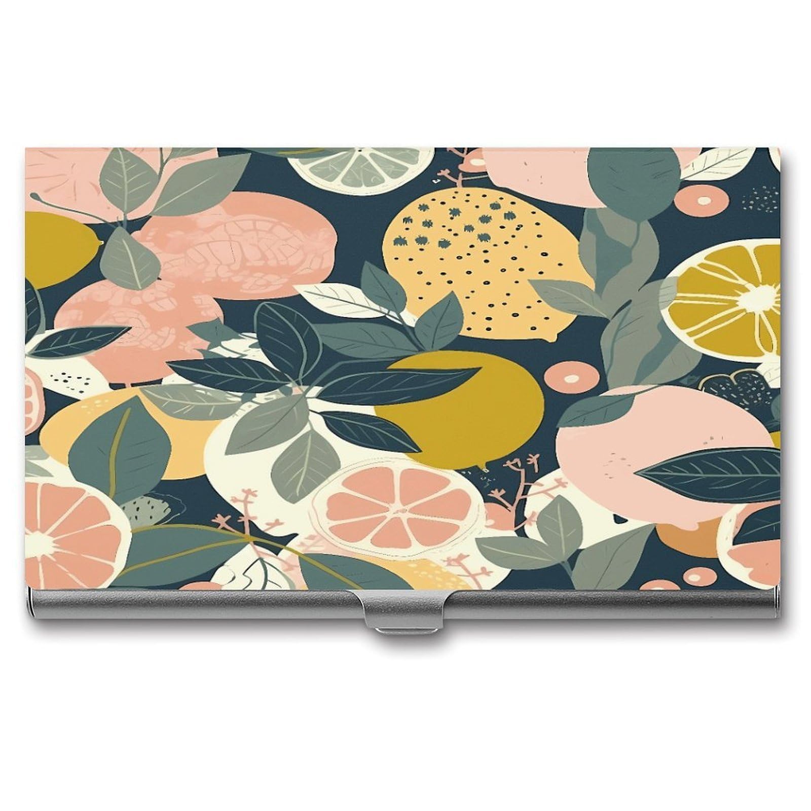 JTREHY Lemon Citrus Pattern Business Card Holder Slim Purse Name Card Holder Portable Metal Business Card Case Wallet Large Capacity Lightweight Business Card Case for Men Women