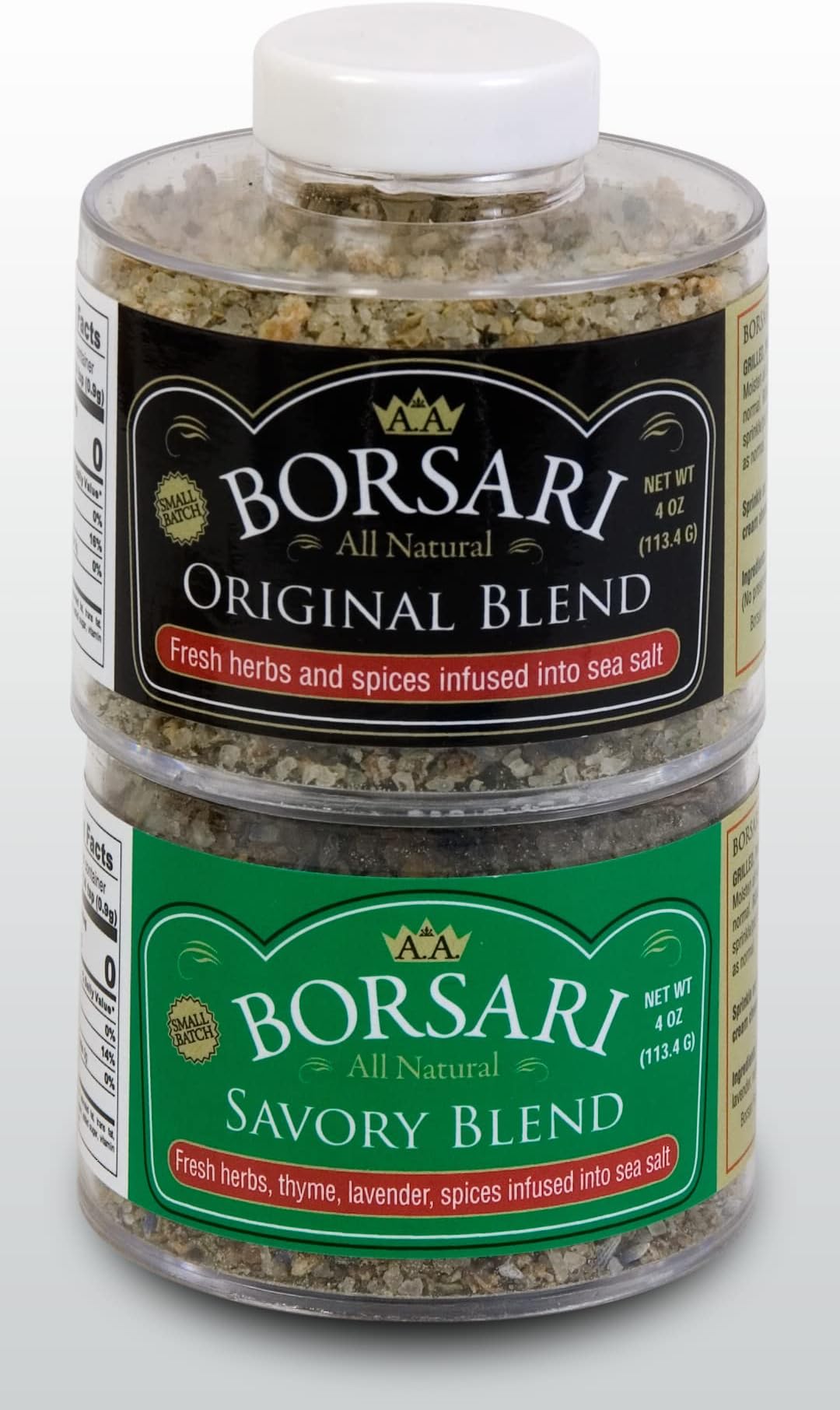 Borsari Seasoned Salt Combo - Multi-Use All Purpose Savory and Original Seasonings - Gourmet Sea Salt Blends With Herbs and Spices - Set of 2, 4 oz Shaker Bottles