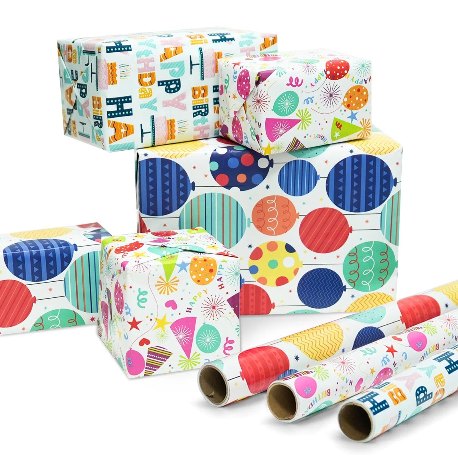 Happy Birthday Gift Wrapping Paper, 3 Rolls 43cm × 3m Multi-pack Gifting Wrap Perfect for Party & Festival Boys Men Girls Women Kids Decoration