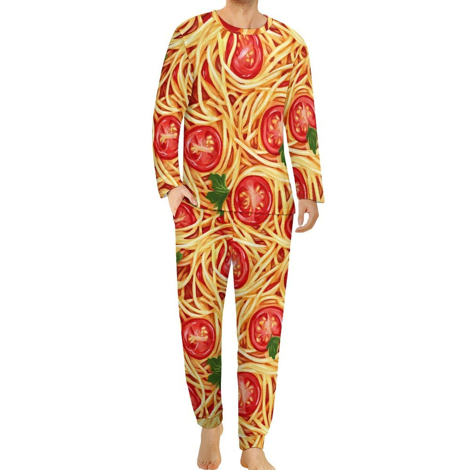 Spaghetti Pasta Noodles Salsa T-omato Morbido Pigiama da Uomo Set Elastico in Vita Indumenti Da Notte Girocollo Manica Lunga Loungewear
