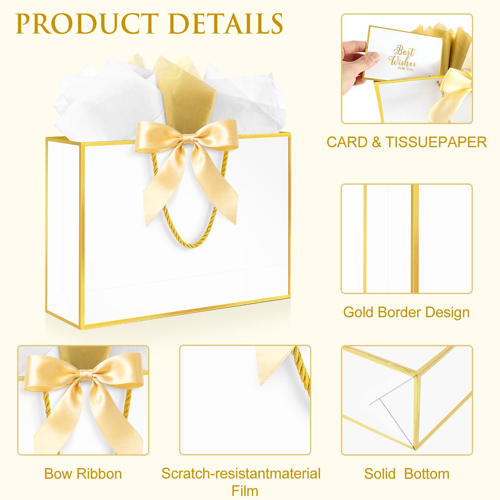 Ethhqu Fancy Large Gift Bags with Handles, 2 Pack 12.6x10x4 Inches - Includes Tissue Paper & Cards for Birthday, Baby Shower, Wedding, Anniversary, Easter, Mother's Day & Holiday Gifts (White and Gold)