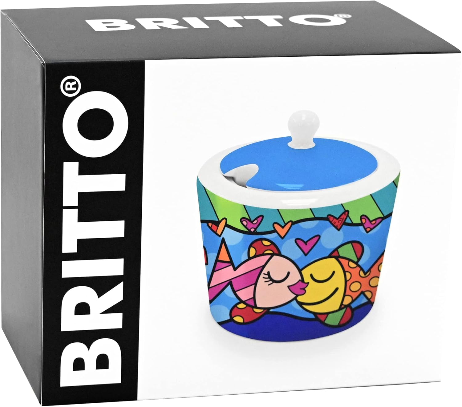Britto Bone China Sugar Bowl with Lid, 10.4 oz, Deeply In Love Design - Coffee Bar Accessories, Seasoning Pot Box, Ceramic Salt Pepper Organizer, Farmhouse Kitchen Decor