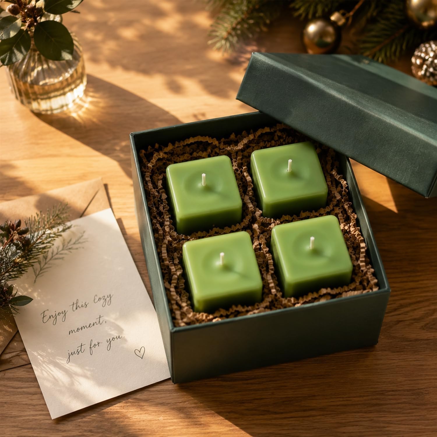 Nuanchu 4 Pack Bayberry Square Votive Candle Natural Christmas Scented Votive Candles Strong Scented Pure Bayberry & Beeswax Blend for Christmas Holiday Collection