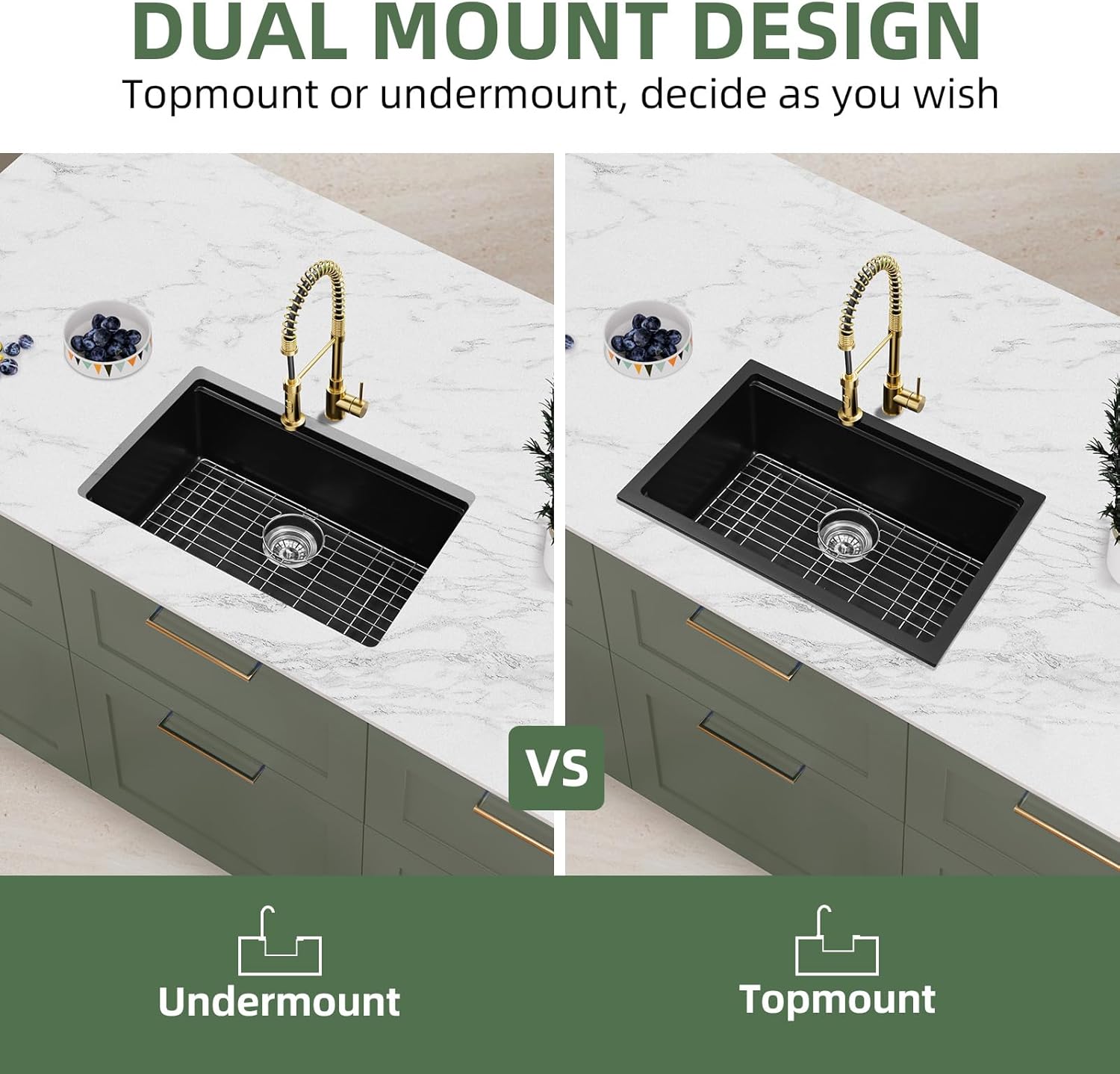 Davivy 27 Inch Black Granite Kitchen Sink Workstation, 27 x 18 Black Undermount/Drop In Kitchen Sink, Deep Quartz Composite Single Bowl with Accessories