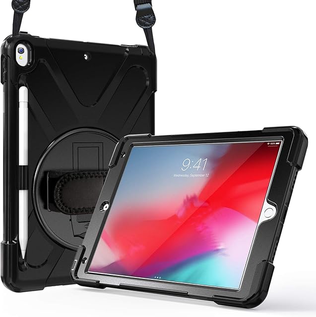 ProCase iPad Pro 10.5 Case with Pencil Holder/iPad Air 3 Case with Shoulder Hand Strap, Heavy Duty Shockproof Hybrid Rugged Kids Case, with Rotatable Kickstand Black