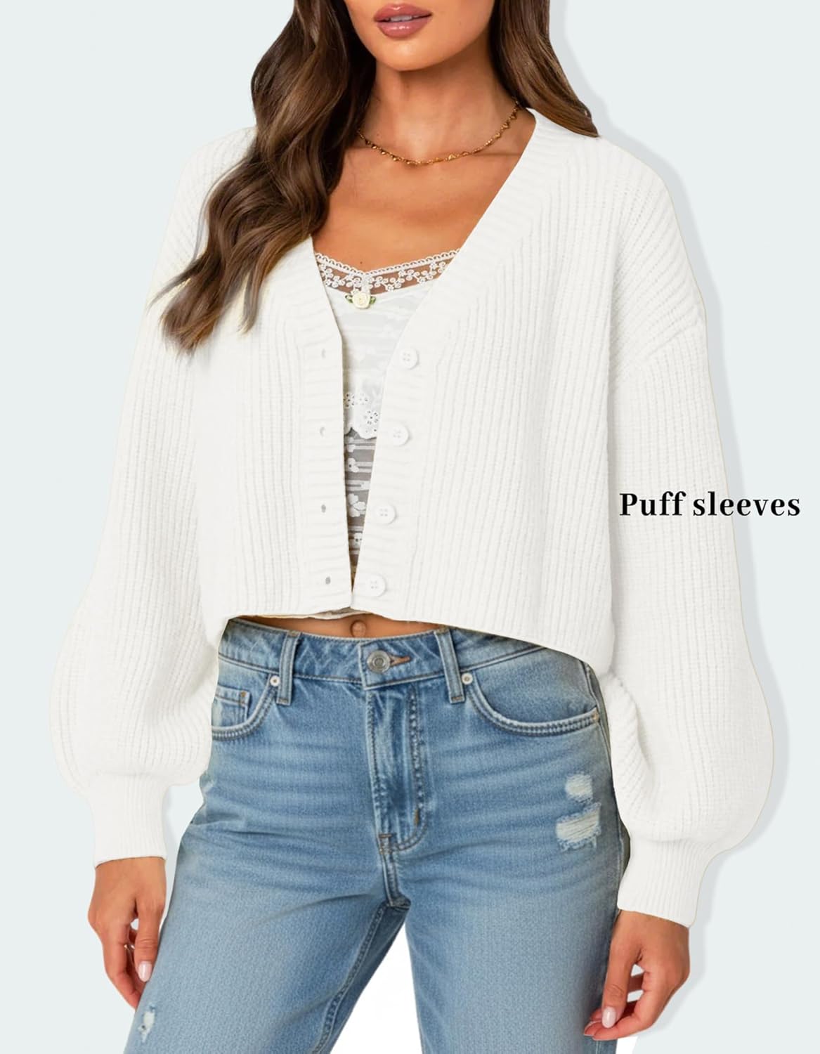 OZICERD Fall Chunky Knit Cropped Cardigan Sweaters for Women Cozy V Neck Button Open Front Light Short Cardigan Oversized - Image 2