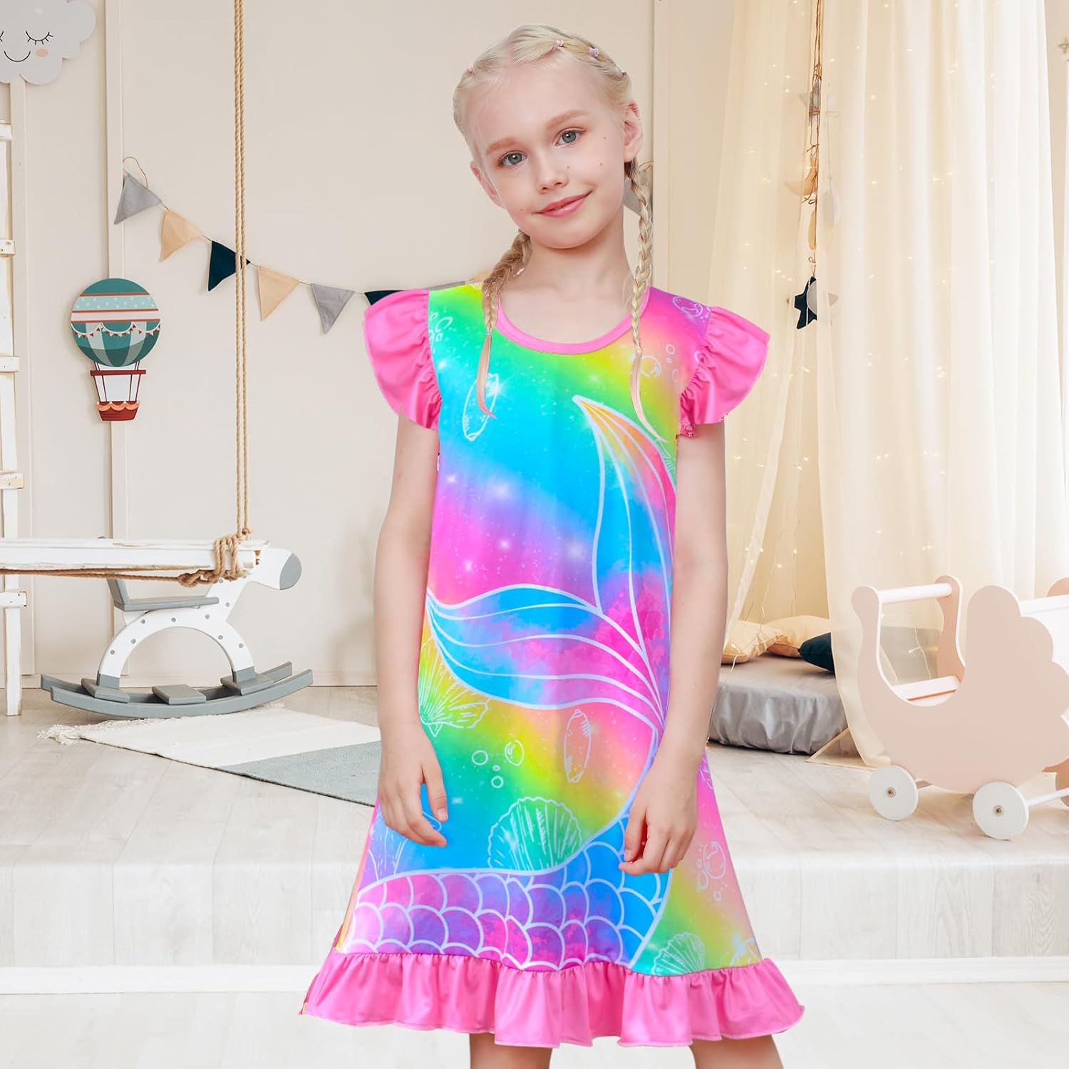 Kid Girls Nightgown Night Dress Unicorn Rainbow Princess Pajamas Sleepwear Nightie - Image 2