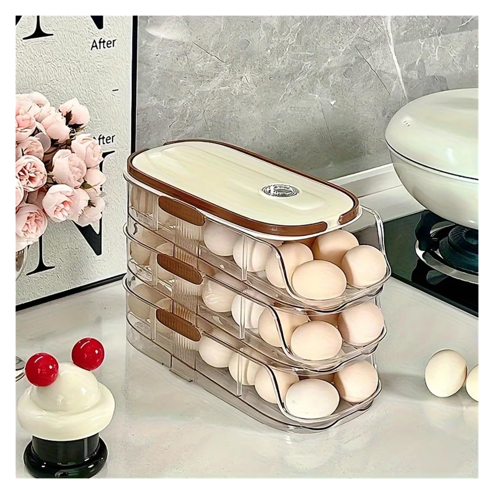 Boîte de rangement automatique pour œufs à roulettes - Grande capacité - Avec distributeur FIFO - Pour ustensiles de cuisine ménagers et économiseur d'espace (3 couches)