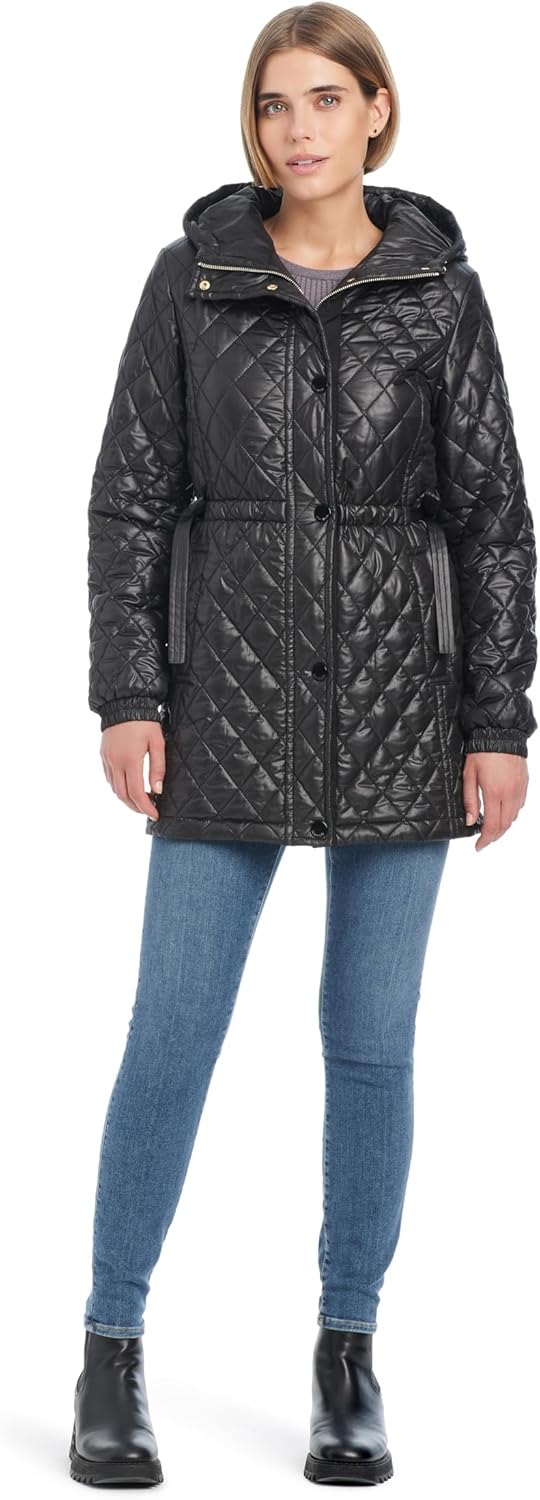 kate spade new york womens Water Resistant Quilted Hooded Jacket With Adjustable Waist