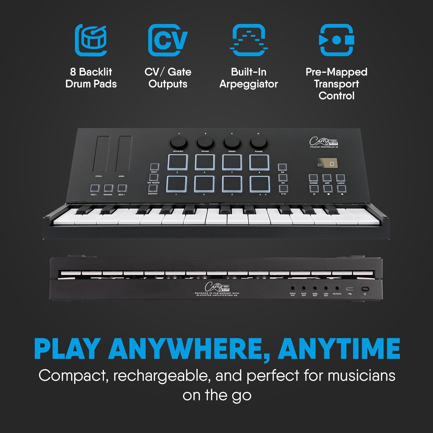 Carry-on Folding MIDI Controller 25 - MIDI over Bluetooth &USB Ultra-Portable Keyboard Controller - Built-In Battery for Professional Music Production - Compatible with Mac, PC, iOS