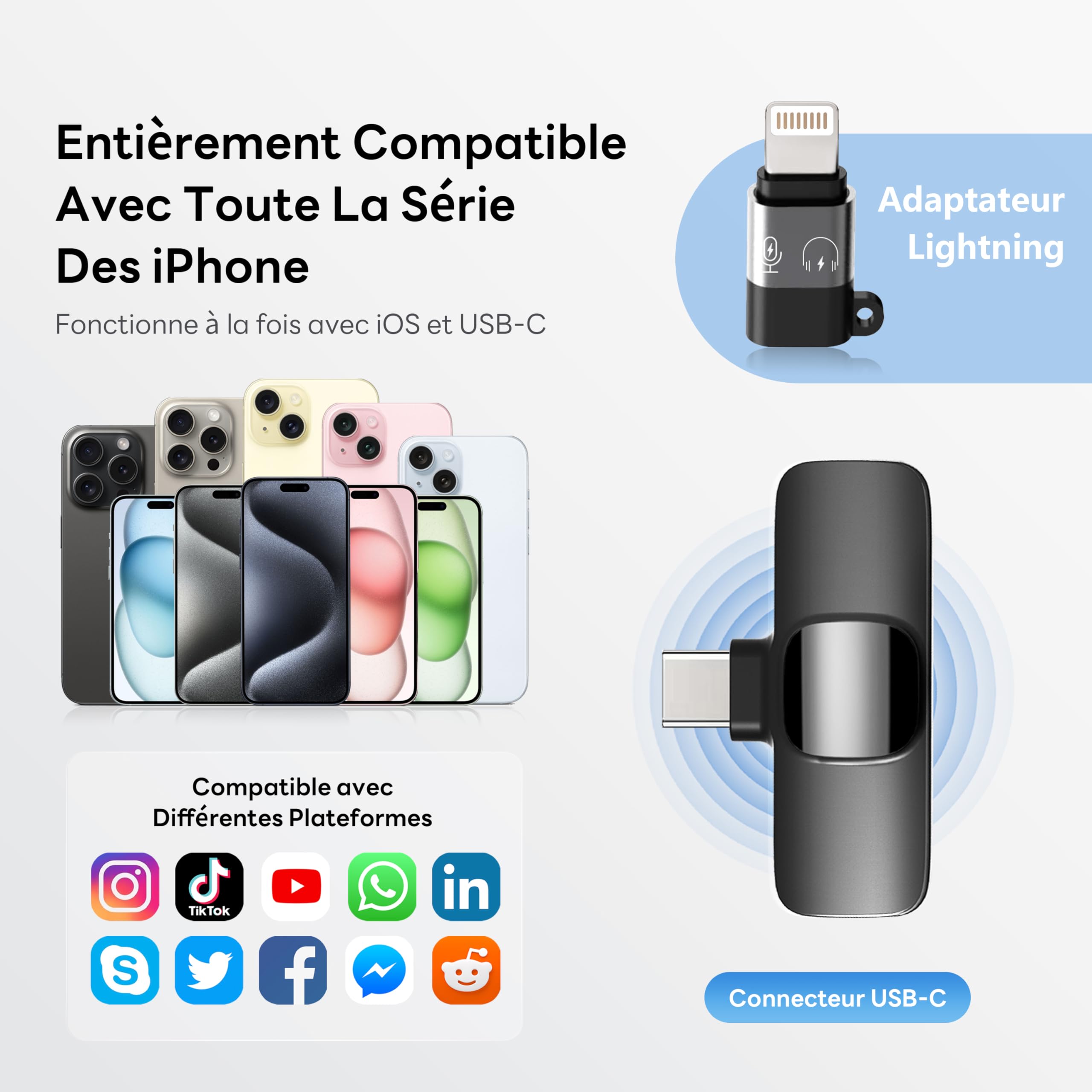 Micro Cravate sans Fil pour iPhone, Microphone Bluetooth Clip-on Lavalier sans Fil pour Enregistrement vidéo, Diffusion en Direct, Podcast