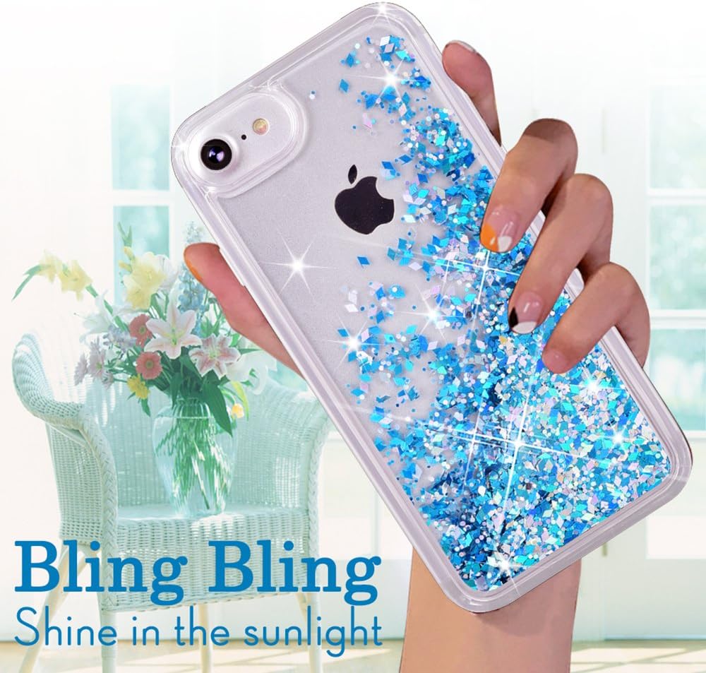 Maxdara iPhone 8 Case, iPhone 7 Glitter Liquid Women Case Tempered Glass Sreen Protector Floating Bling Sparkle Luxury Pretty Protective Girls Case iPhone 6 6s 7 8 4.7 inches (Blue)