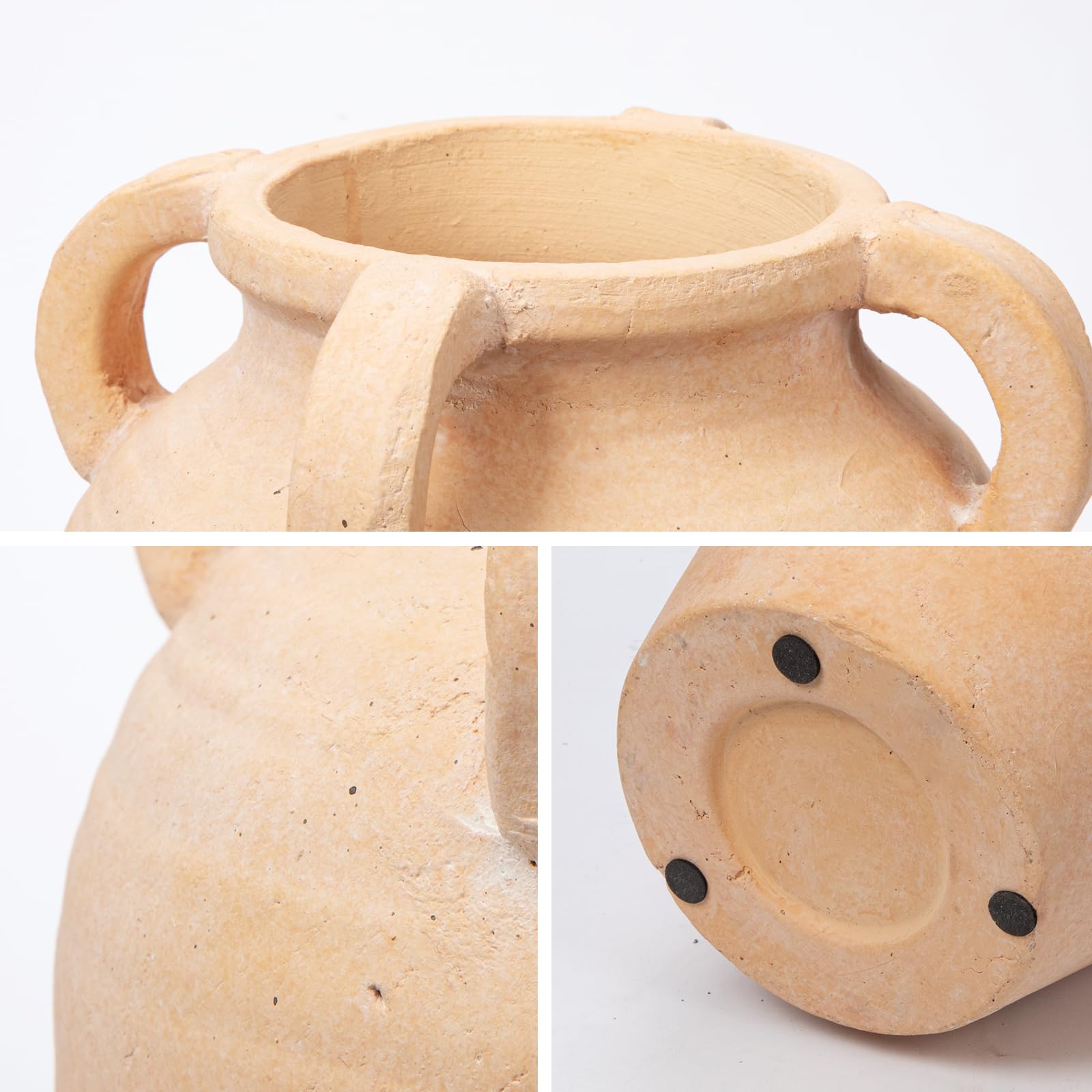 Jarrón De Terracota Hecho A Mano 25 Cm - Vintage Con 4 Asas, Boca Ancha, Acabado Mate, Decoración Rústica