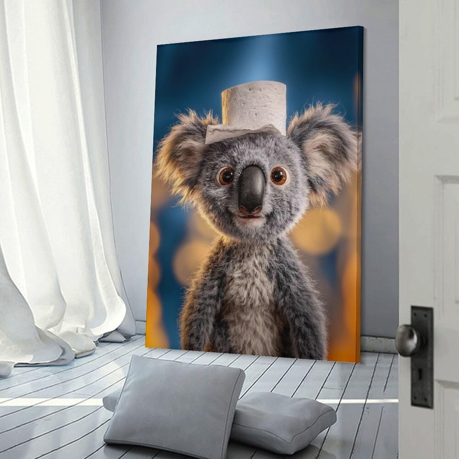 Junmoney Frame-Style-3 Koala With Toilet Paper Hat Wall Picture Print 24X36inch(60X90cm), For Calm Bedrooms, Home Corners Or Flats, Home Artwork With A Soft Interior Feel