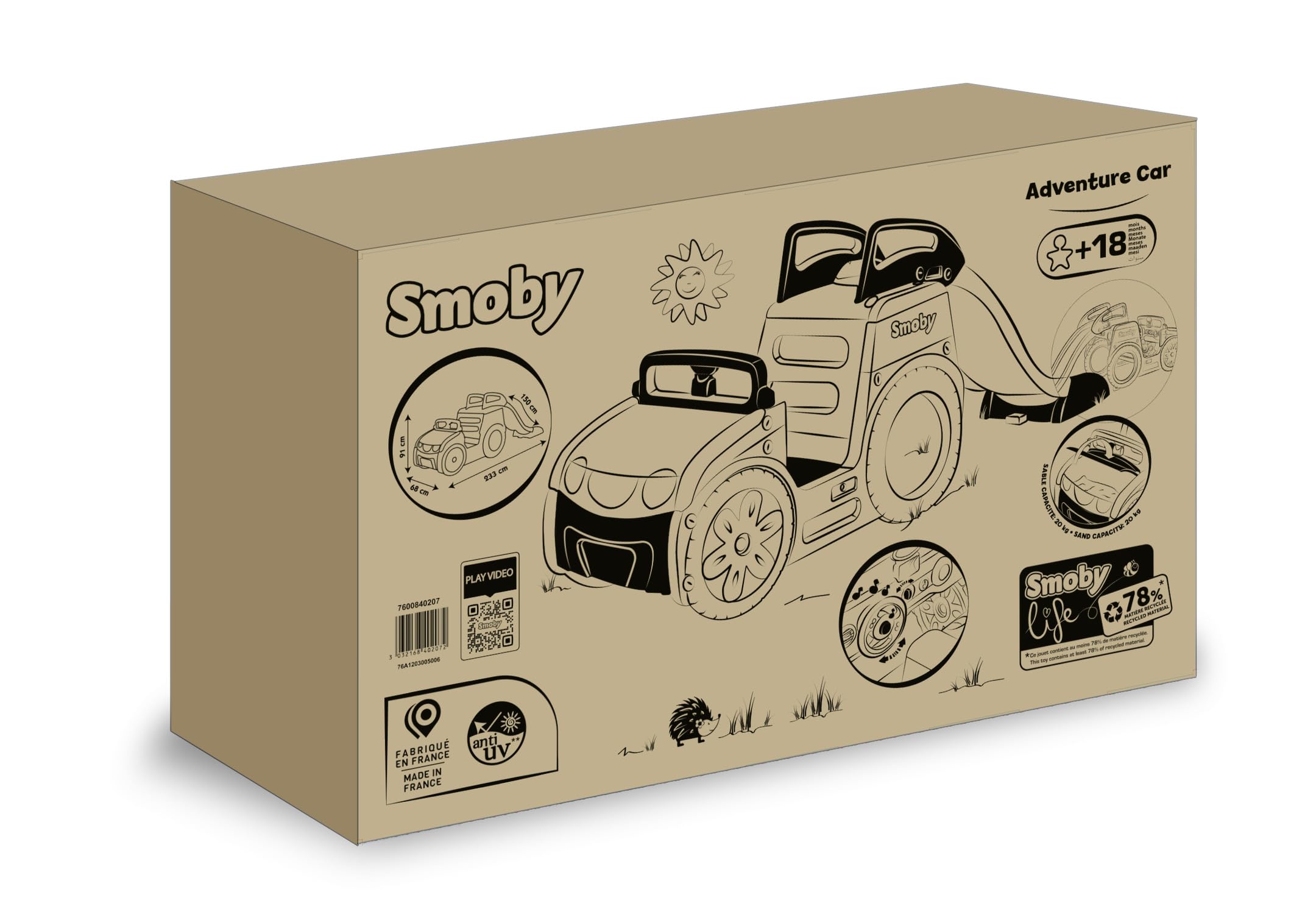 Smoby Life Coche Aventura Multiactividad – Estación de Conducción, Tobogán de 1,50 m, Caja de Arena con Tapa, Plástico Reciclado, para Niños a Partir de 18 Meses (7600840207)