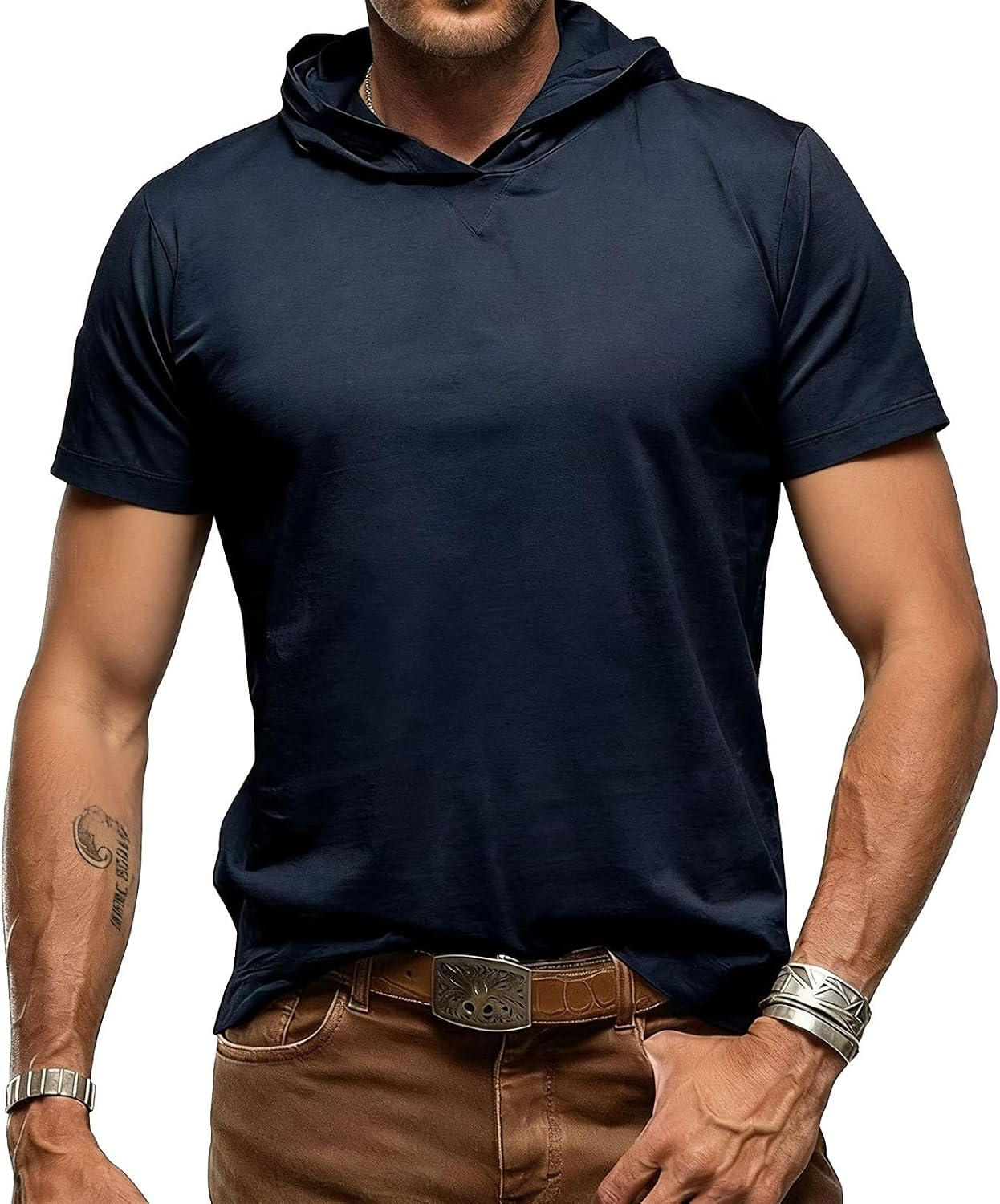 Men's Short Sleeve Hoodie Shirts Workout Gym Athletic Tops Cotton Lightweight Hooded T Shirts Drawstring Slim Tee
