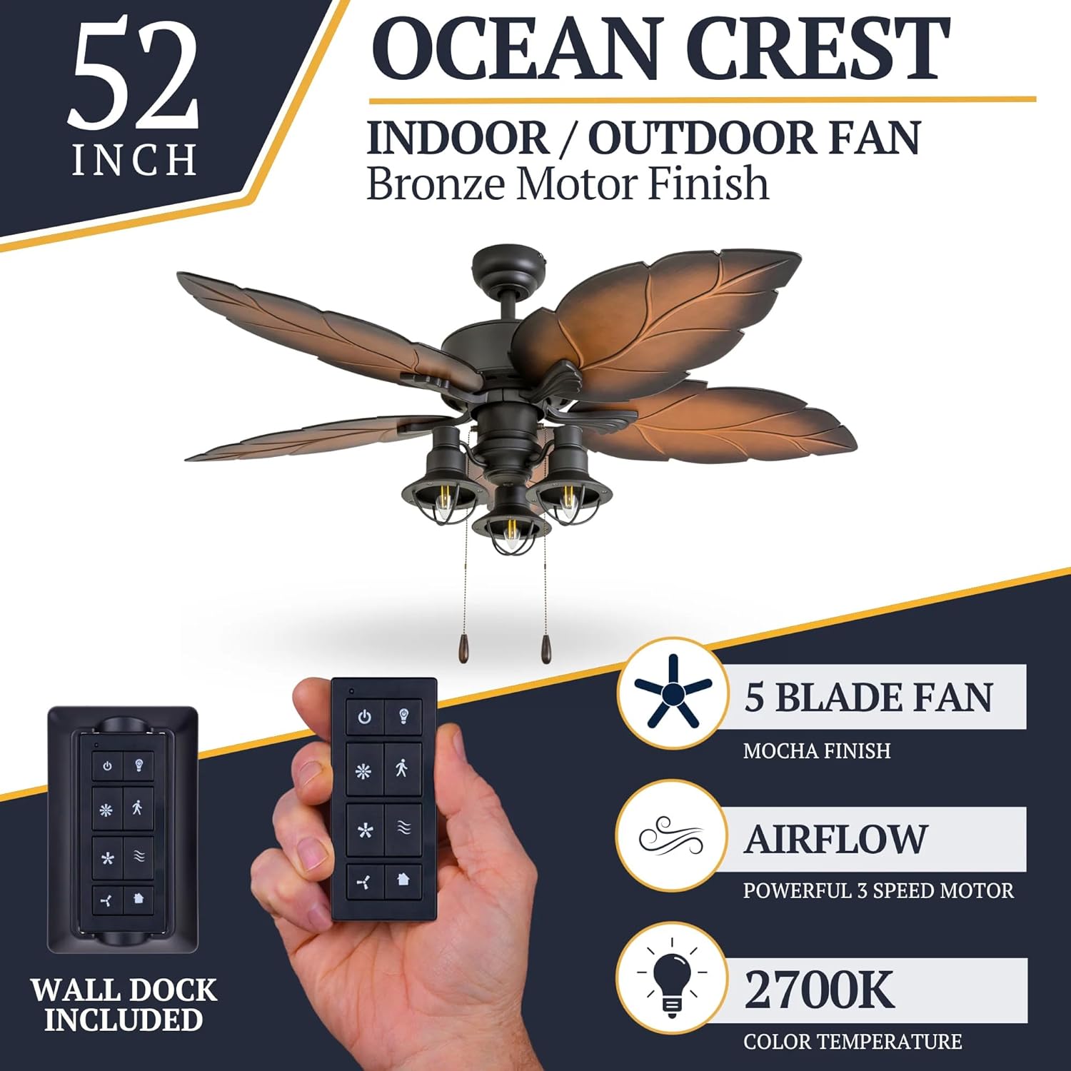 Prominence Home Ocean Crest, 52 Inch Tropical Indoor Outdoor Ceiling Fan with Light, Remote Control, Three Mounting Options, Weather Resistant Palm Leaf Blades - 50759-01 (Bronze)