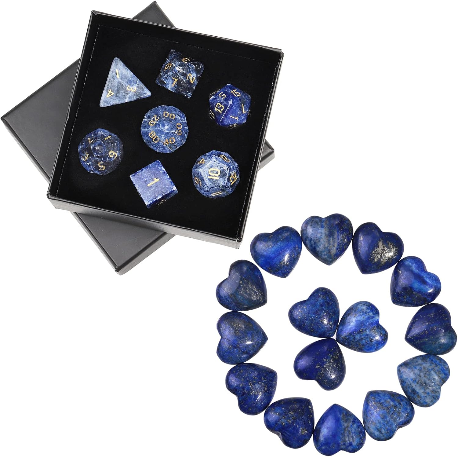 mookaitedecor Bundle - 2 Items: 7 PCS Sodalite Agate Crystal Polyhedral DND Dice Set & Lapis Lazuli Crystal Heart Love Palm Worry Stone for Home Decor