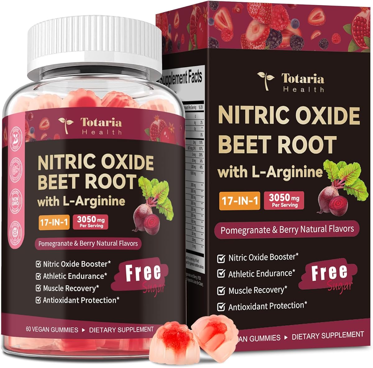 Nitric Oixde Booster Beet Root Gummies with L-Arginine, L-Citrulline, Grape Seed, Pomegranate for Man & Woman Pre Workout - Energy, Muscle Growth & Circulation Support Vegan, NON-GMO, Sugar Free