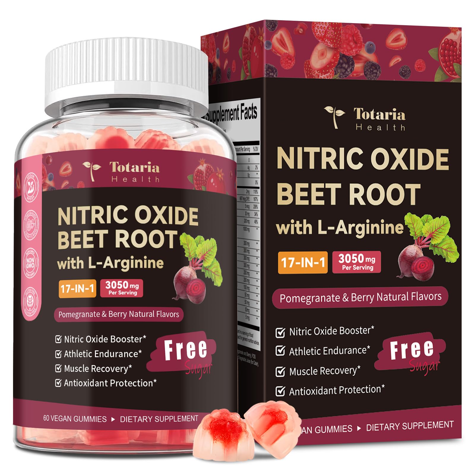 Totaria Beet Root Gummies 3050MG - Nitric Oxide Booster with Grape Seed, Pomegranate - Beetroot Supplement for Blood Pressure & Cardiovascular Support, Heart Health, Circulation, Vegan, Sugar Free 60 Count (Pack of 1)