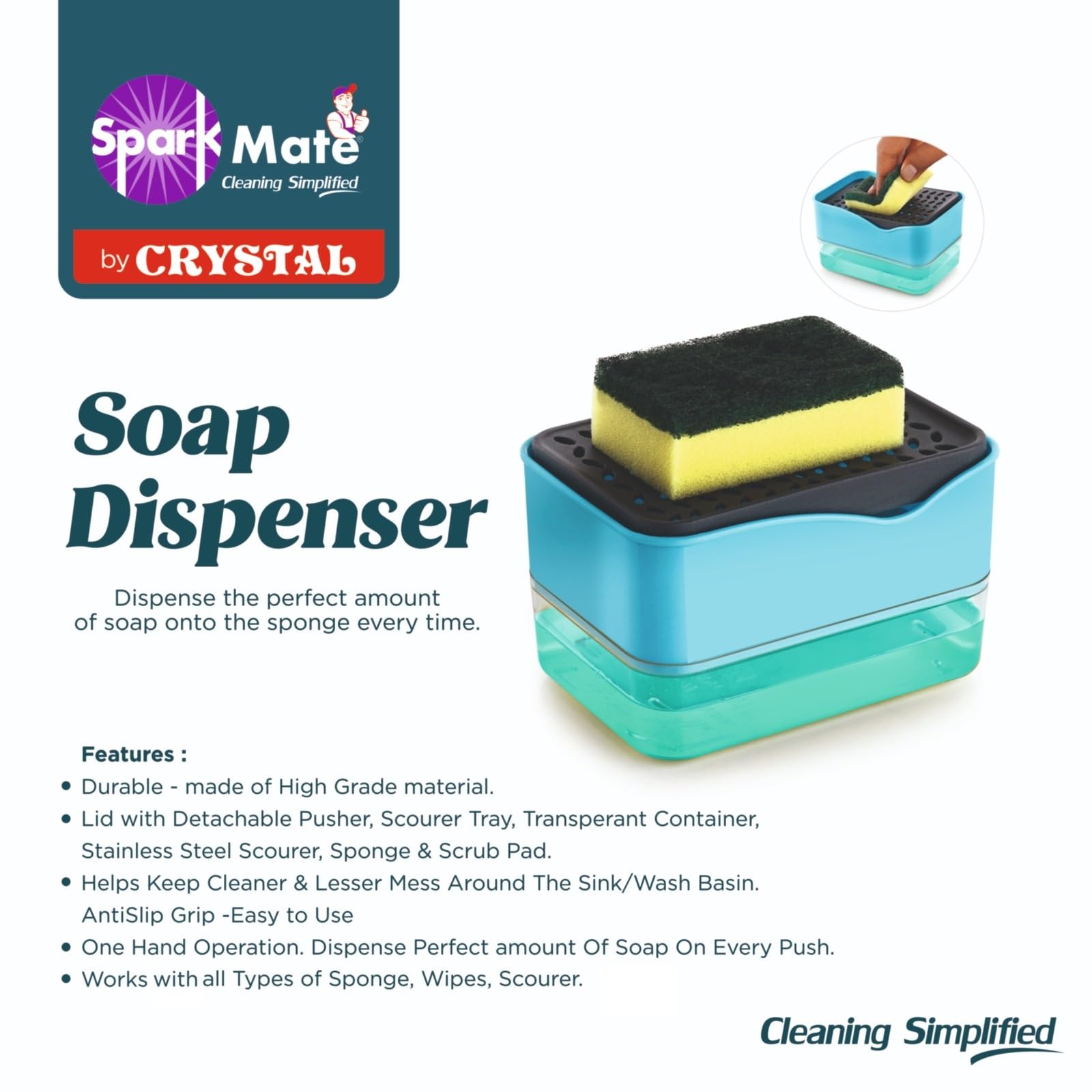 Sparkmate by Crystal Soap Dispenser with Scrub & Sponge Pad 2