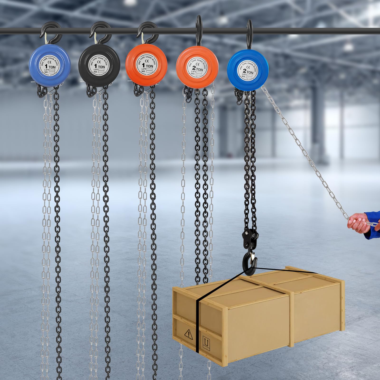 Paranco a catena a mano, 2T/1T, 2,9 m, altezza di sollevamento, paranco manuale, per foreste e officina in occasioni, gancio girevole a 360° (blu, potenza di sollevamento: 2T)