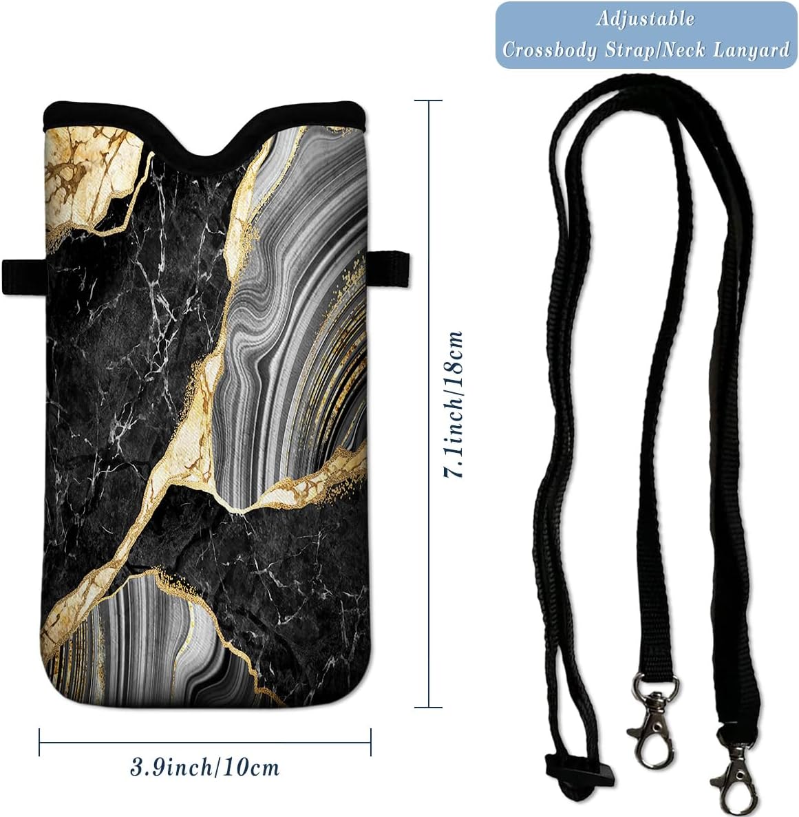 Universal Neoprene Cell Phone Pouch 7.1 X 4 in Mobile Protection Case Bag with Crossbody Strap/Neck Lanyard Black Marble Printed Pattern - Image 4