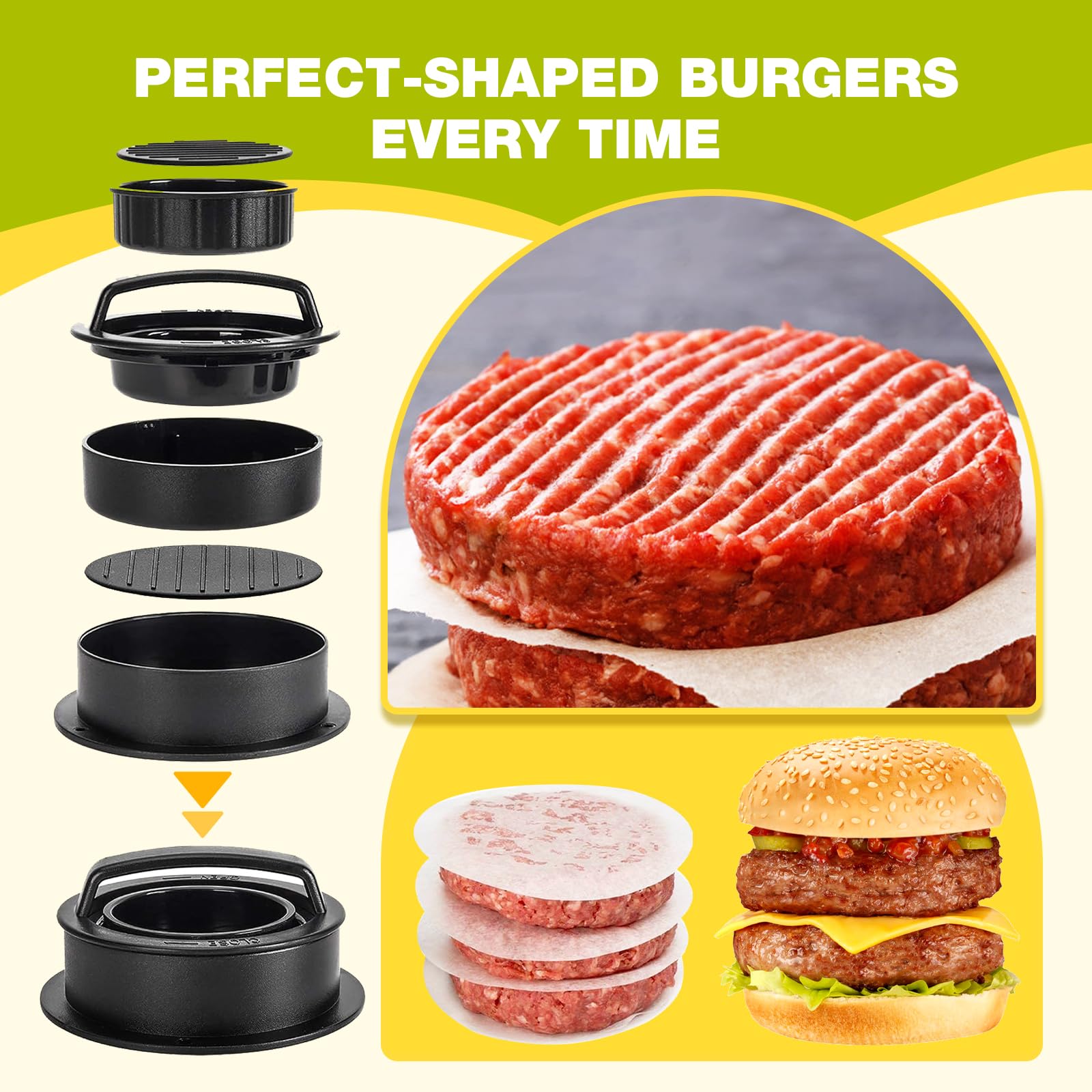 Fervidus Zestaw prasy do burgerów Smash 17,3 cm, okrągła i 21 cm x 10 cm, prostokątna, żeliwna prasa do grilla, 3 w 1, nadziewana forma do burgerów, nieprzywierająca prasa do burgerów, zestaw do