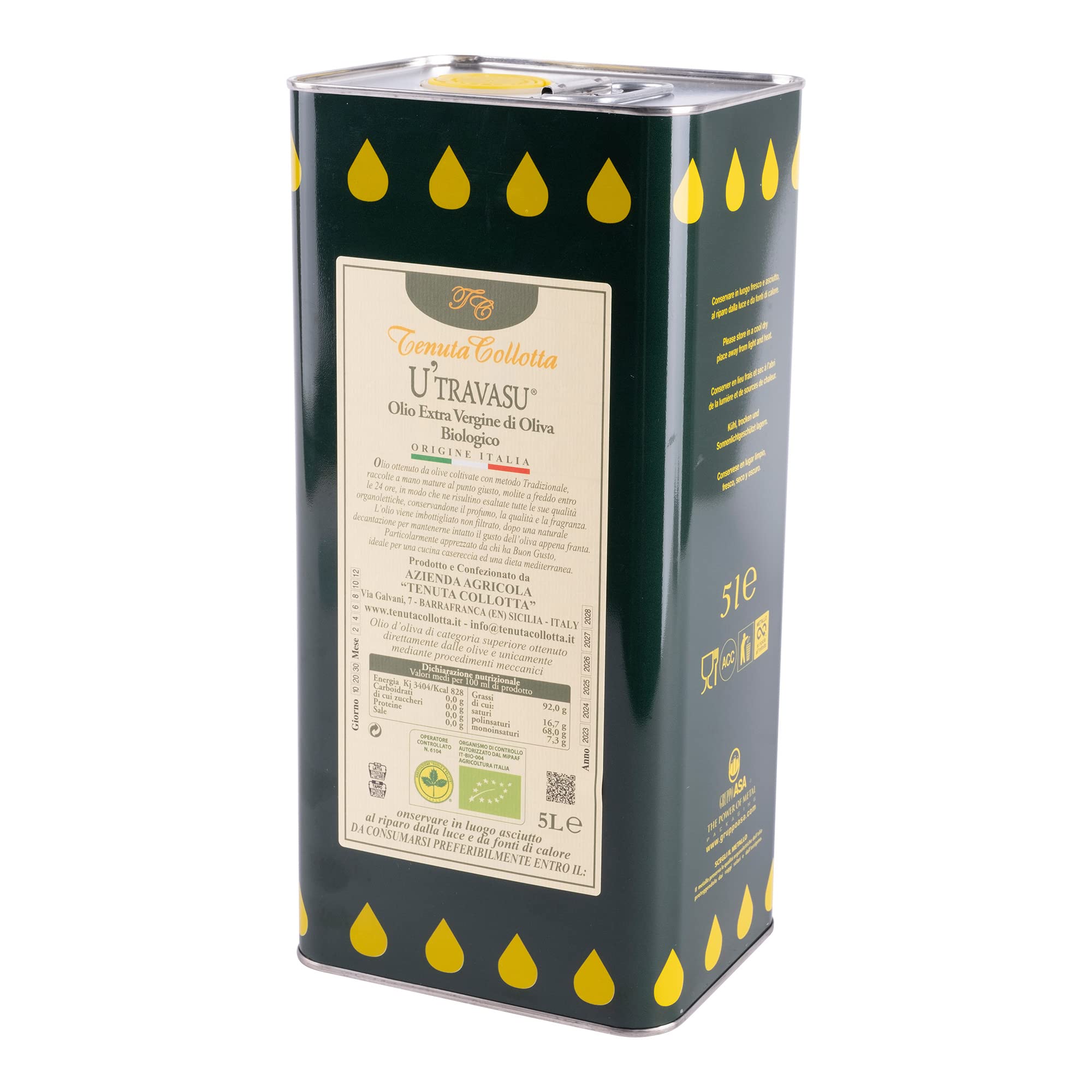U'Travasu® - Huile d'Olive Extra Vierge Biologique bidon 5l - 100% Italienne - Produit en Sicile - Extraction à Froid
