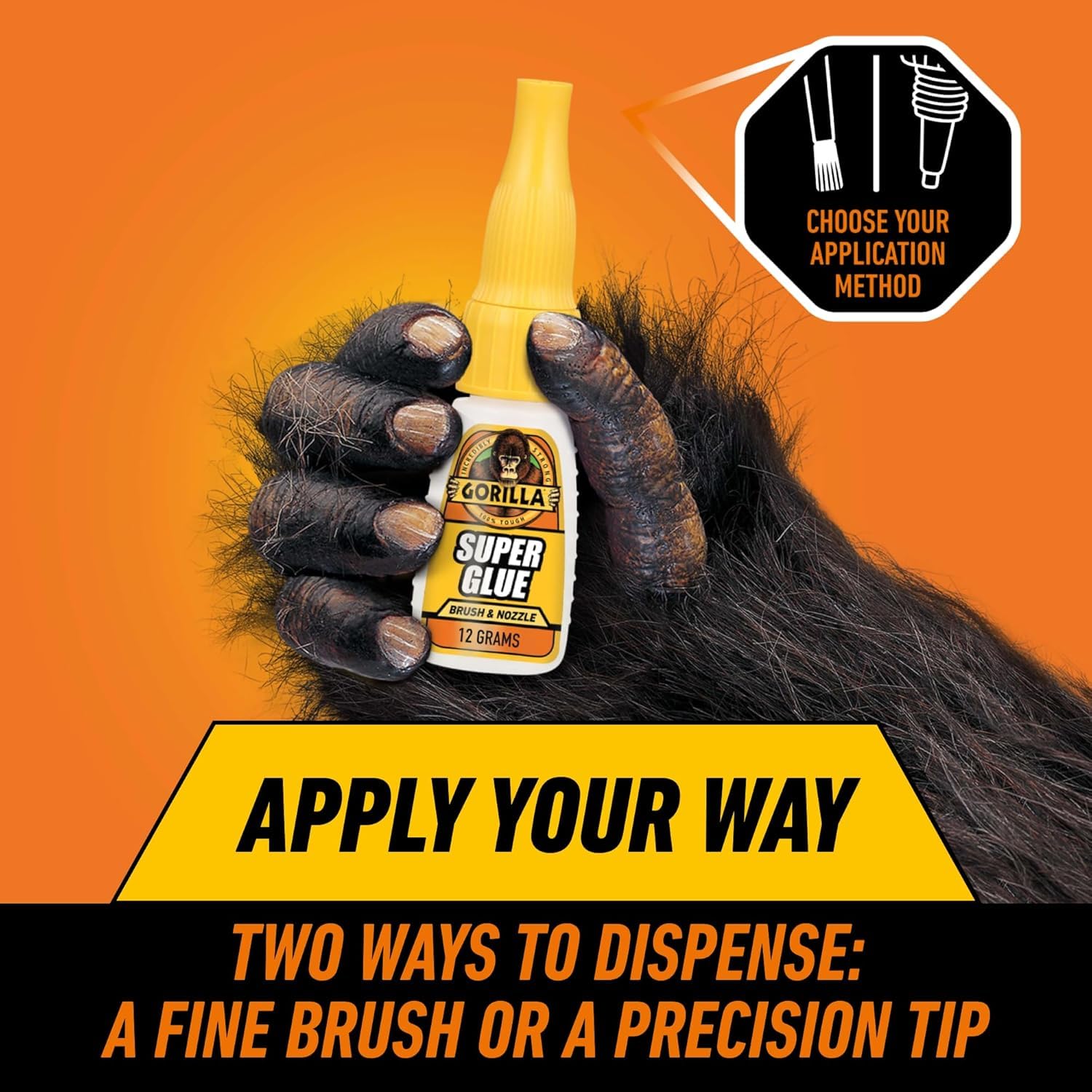 Gorilla Super Glue 2-in-1 Brush & Nozzle, 12g – All Purpose, Fast Setting, Dual Application with Anti-Clog Cap | Ideal for Metal, Ceramics, Leather & More