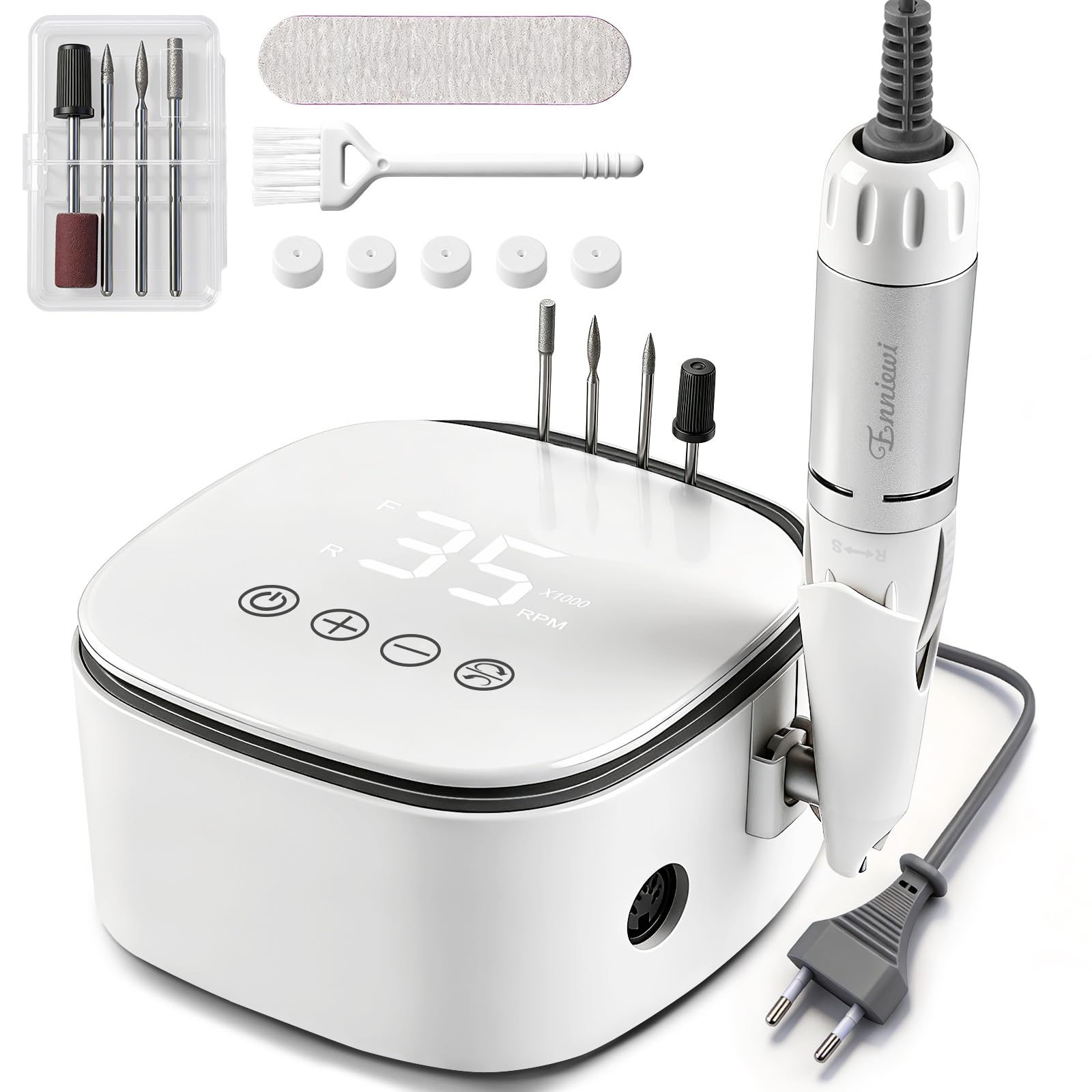 Enniewi Nagelfräser für Gelnägel 35000 U/Min, Touch-Bedienung 35W, LED Display Elektrische Fräser Maniküre Pediküre Set für Salon und Zuhause Nail Drill Weiß