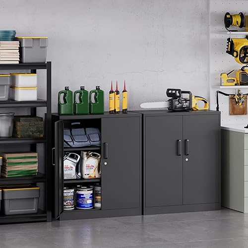 Miniatura 5 de MIIIKO Armario de almacenamiento de metal con puertas de bloqueo, armario de almacenamiento de 2 puertas con 2 estantes, gabinete de metal negro con