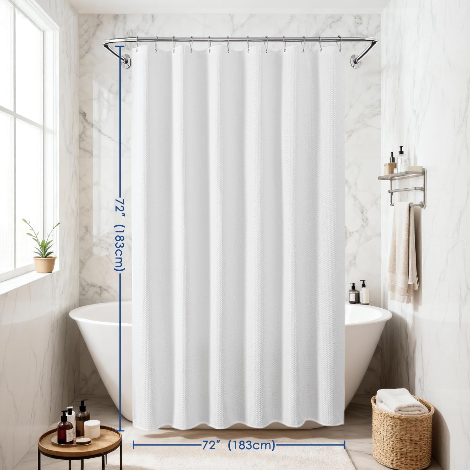 White Waterproof Waffle Shower Curtain, 260GSM Heavy Duty Fabric with 12 Stainless Steel Hooks, Luxury Hotel Spa Style for Bathroom, Machine Washable, 72 x 72