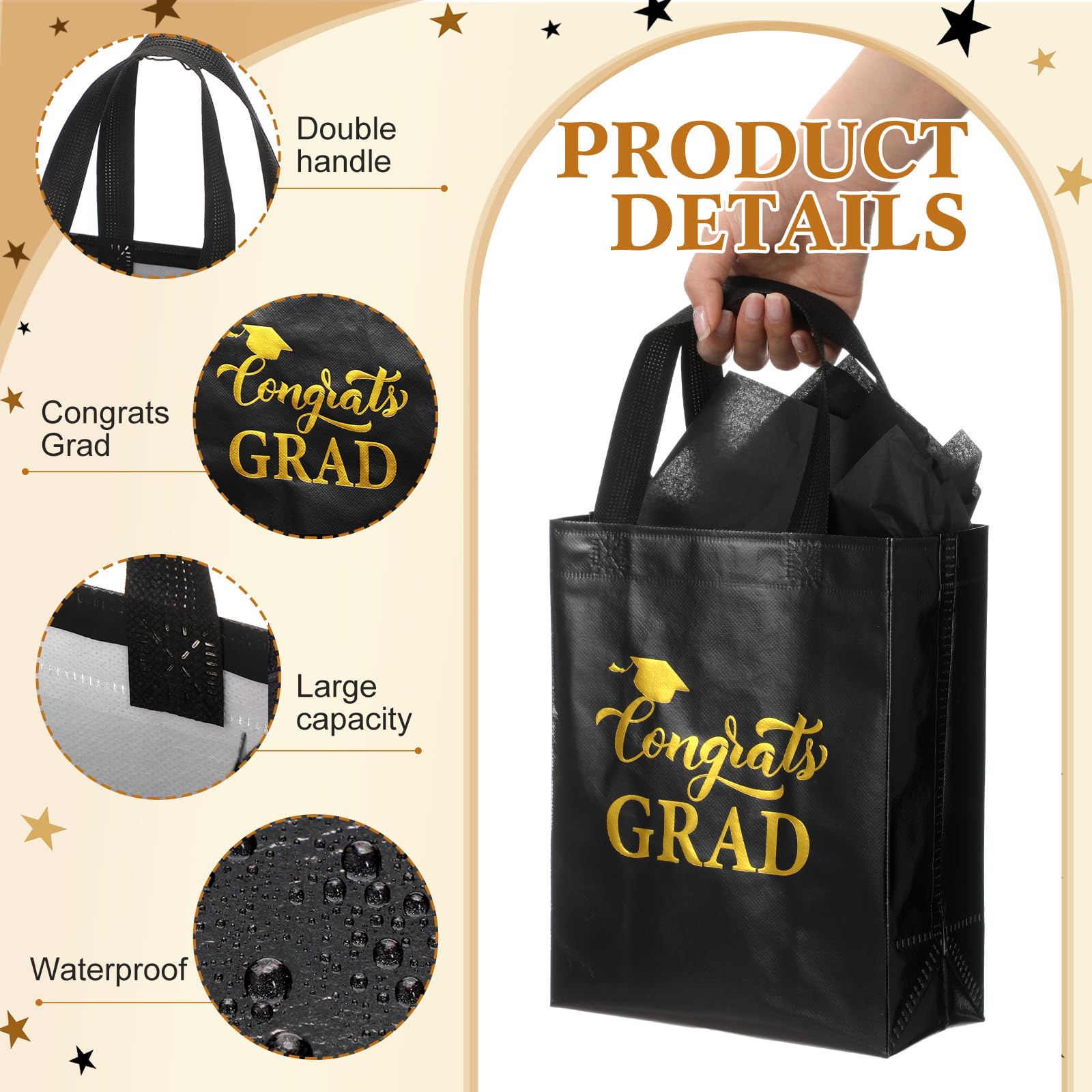 HunnmingRe 24 Sets Graduation Gift Bags 2026 Bulk Shiny Non Woven Black Gold Congrats Grad Tote Bag with Handles and Tissue Wrapping Papers for College High School Party Favors, 8 x 10 x 4 Inch