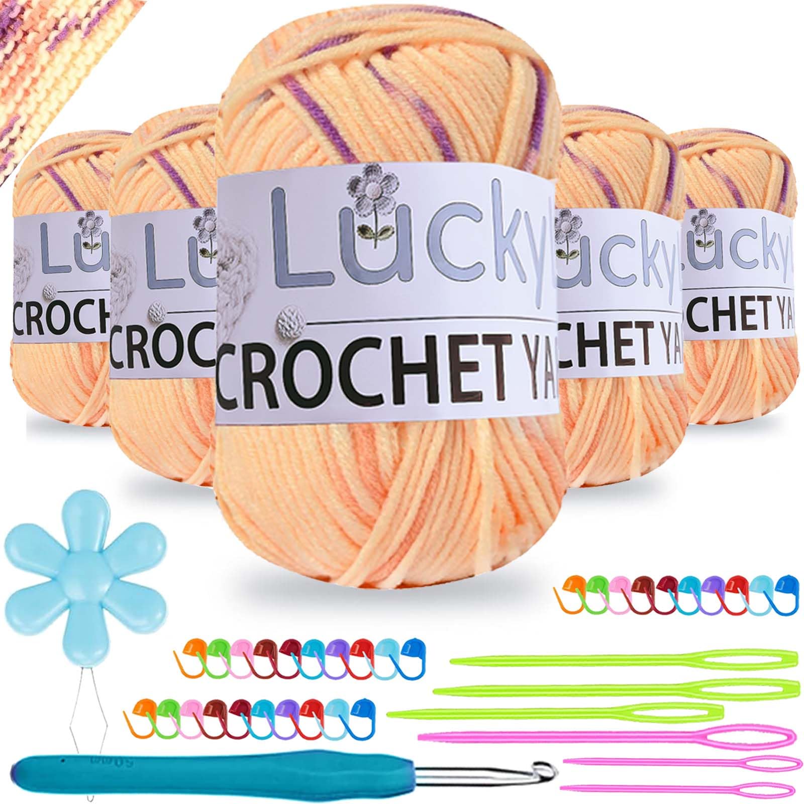 Crochet Yarn Double Knitting Wool (6X50g), Multicoloured Acrylic Yarn Crochet Wool with Aluminum Crochet Hooks Stitch Markers for DIY Craft Blankets Socks Dolls (Yellow Purple Ombre)