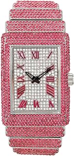 Unisex Full Iced Bling Out Luxury Fashion Lab Diamond CZ Round Quartz Movement White Gold Plated Celebrity Party Pink Watch - Gift Box