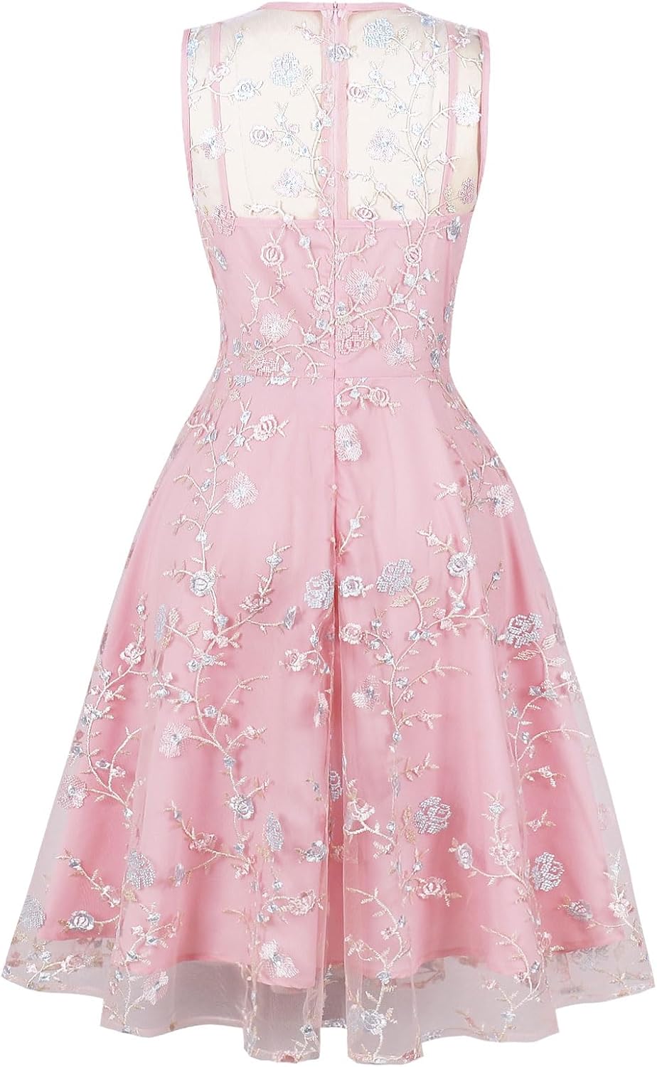 Sleeveless Floral Embroidery Dress for Women Flower Embroidery Tulle Prom Dress Mesh Illusion Keyhole Wedding Party Tea Dress - Image 3