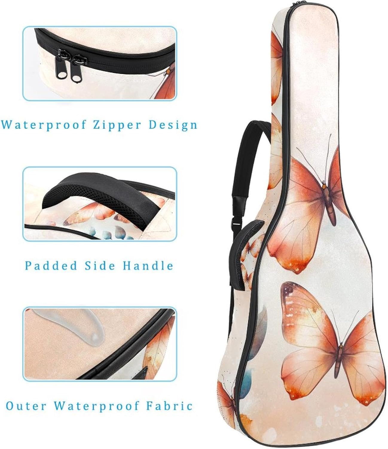Watercolor Orange Butterflies Natural Floral Pattern Acoustic Guitar Gig Bag, 1 cm Thick Padding Waterproof Guitar Bag Backpack for 40 41 42 Inch Electric Bass Classical Guitars