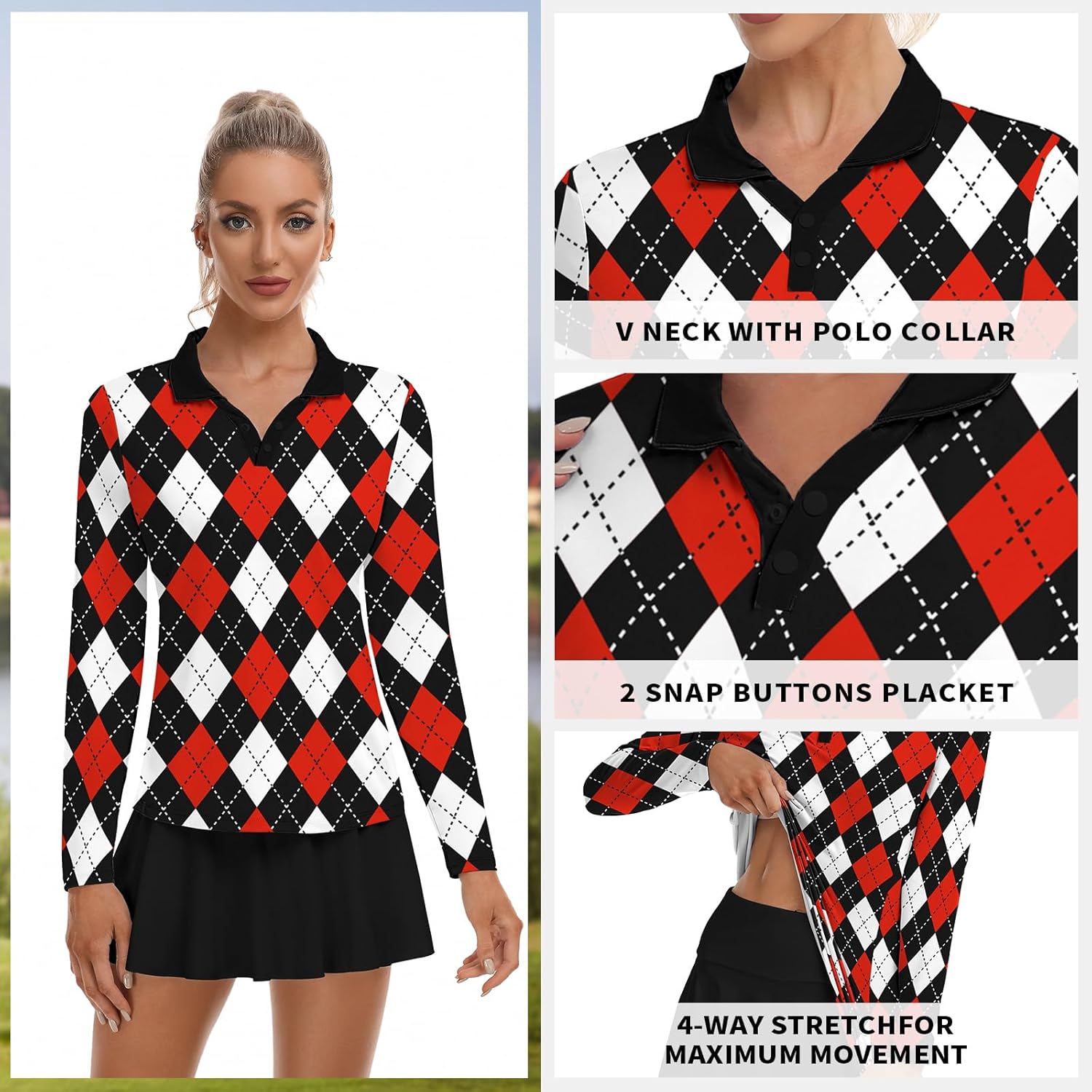 Soneven Womens Golf Shirts Moisture Wicking V Neck Long Sleeve Polo Shirts Collared Tops - Image 3