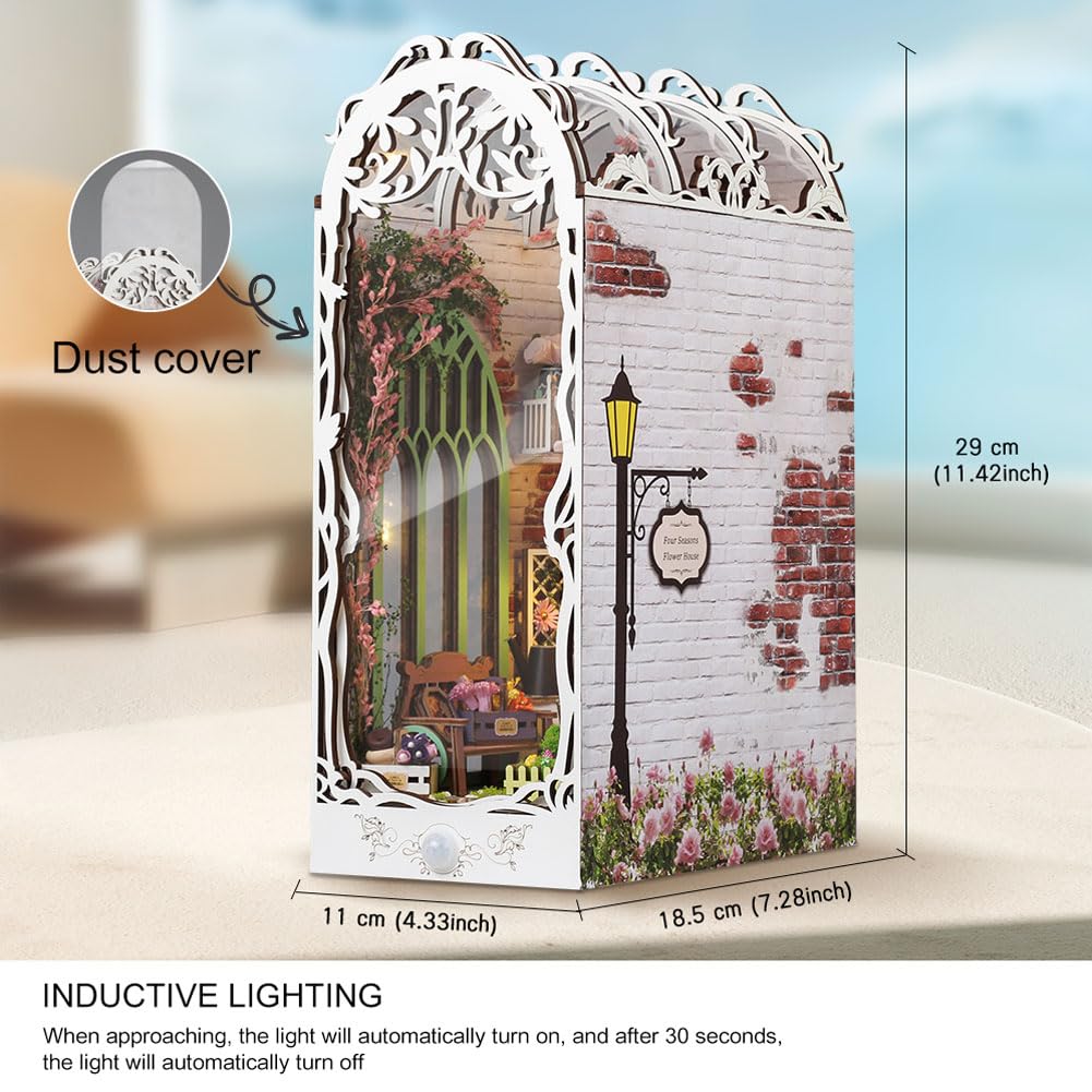 DIY Book Nook Kit - 3D Wooden Puzzle Garden House with LED and Dust Cover - Miniature House Bookshelf Insert Decor - Bookend Diorama for Adults, Craft Gift for Hobbies and Decorations