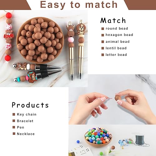 Miniatura 5 de Sunrony 70 cuentas de silicona para hacer collares, cuentas redondas de silicona a granel de 0.591 in para bolígrafos (camello)