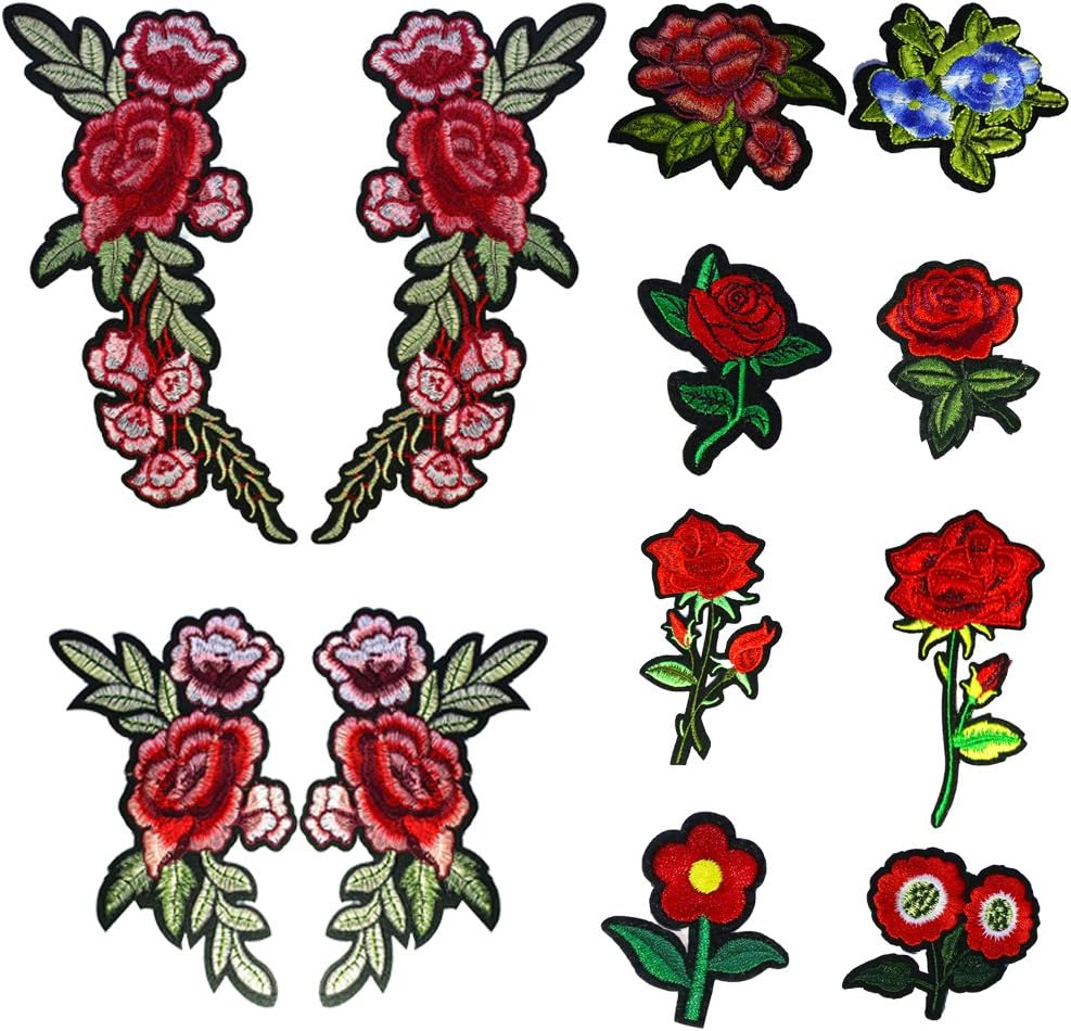 GOGOMAX 12pcs Rose Patches Embroidery Patches Sew On Patch and Iron On Embroidered Flower for DIY Jackets Backpacks T-shirt Jeans Skirt Vests Scarf Hat
